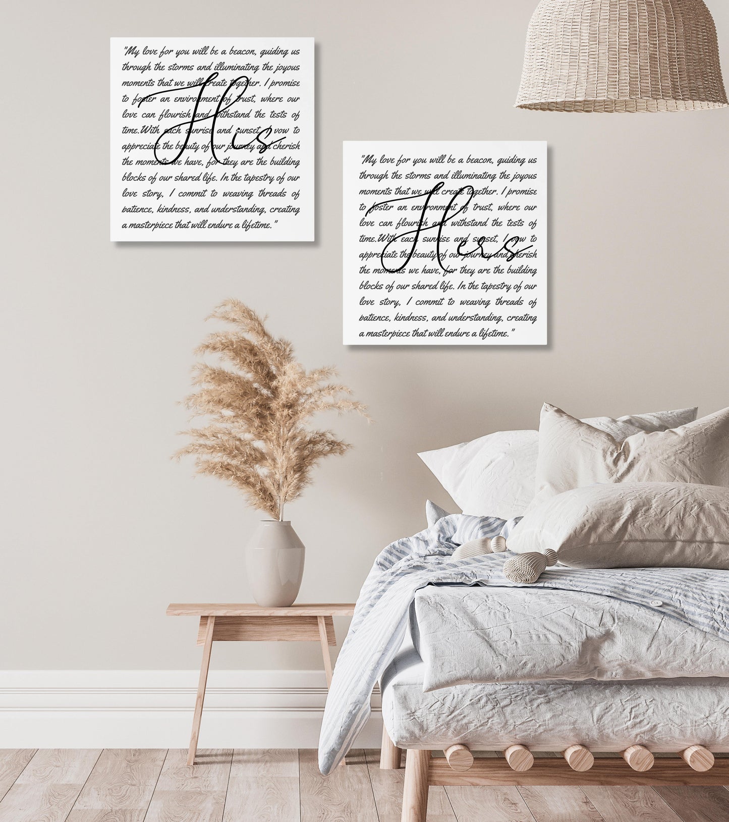 Vows Sty 3 - Set of 2 Square Canvas photos hanging in farmhouse style bedroom.