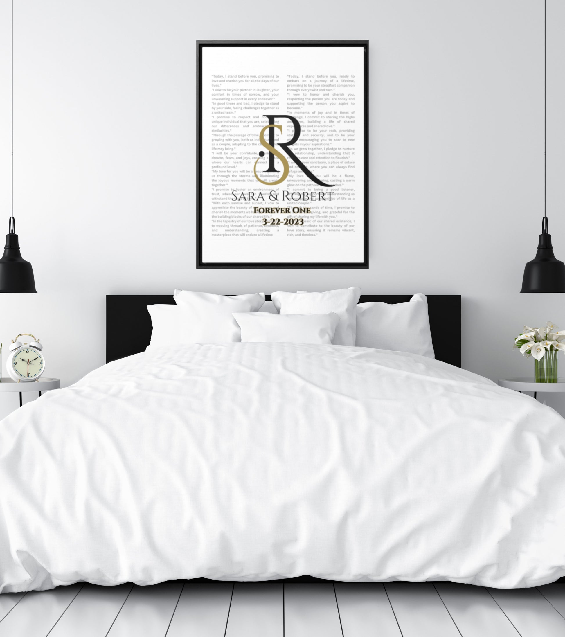 Monogram framed Gallery Canvas of Vows Sty 7 hanging above black and white bed.