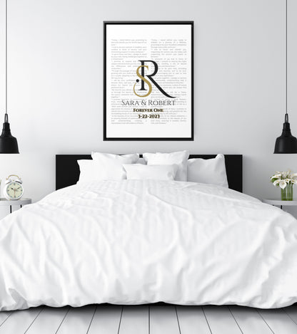 Monogram framed Gallery Canvas of Vows Sty 7 hanging above black and white bed.