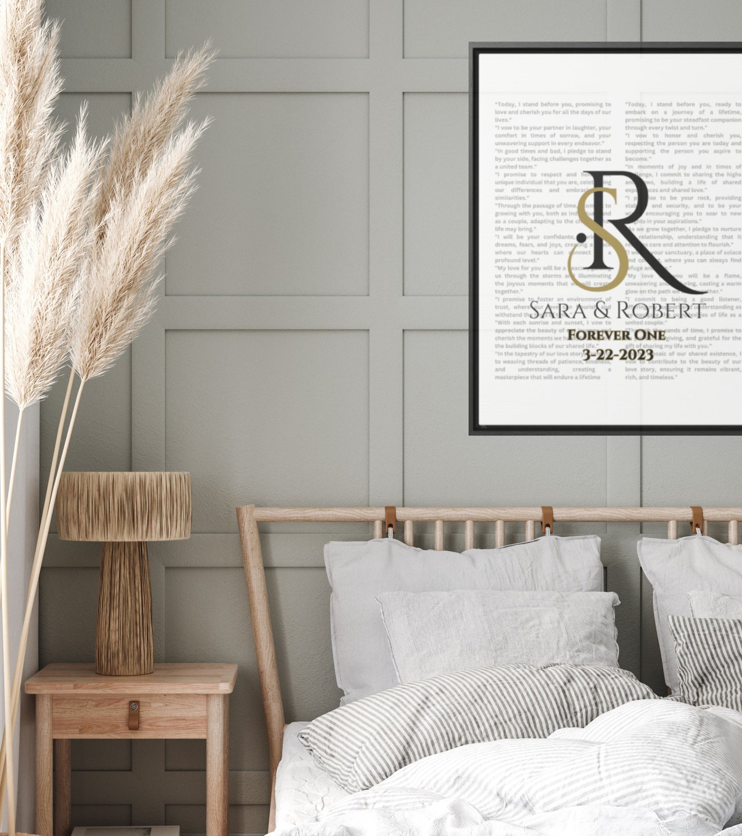 Monogram framed Gallery Canvas of Vows Sty 7 hanging above bed in farmhouse style room.