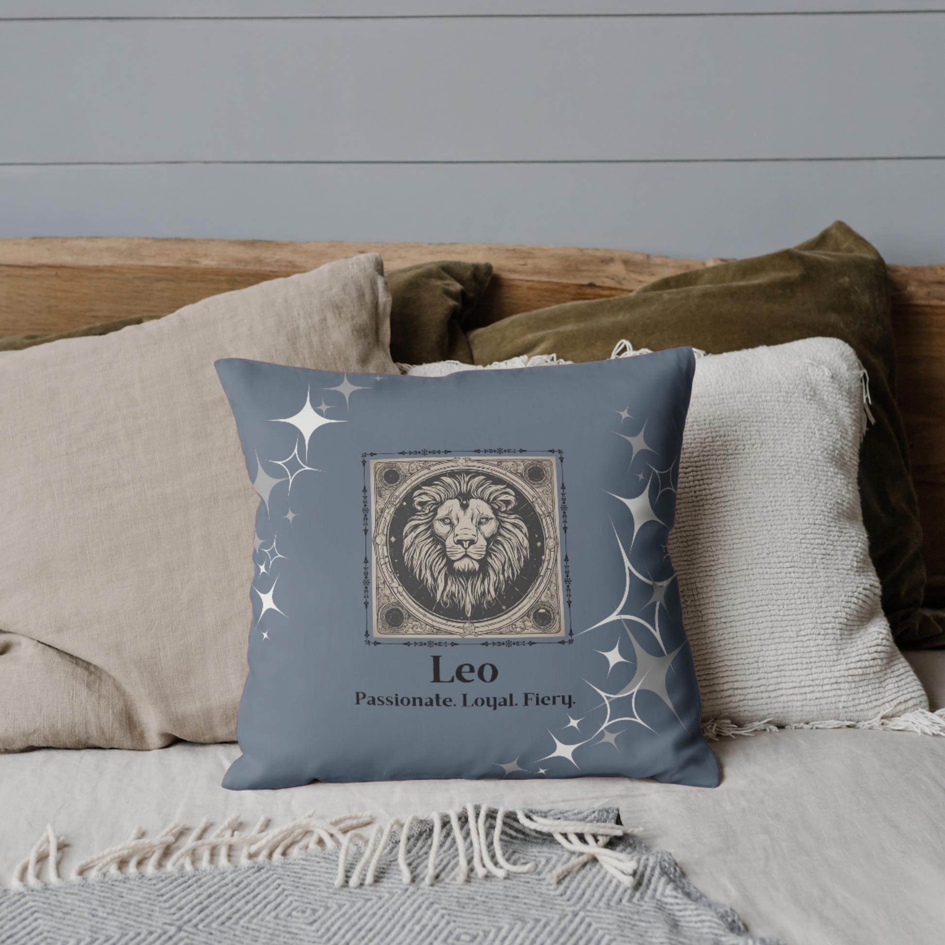 Leo Zodiac throw pillow on bed in Blue Smoke.