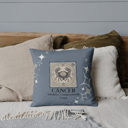 Zodiac throw pillow on bed in Blue Smoke.