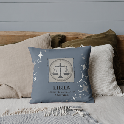 Libra Zodiac Throw Pillow on bed in Blue Smoke.