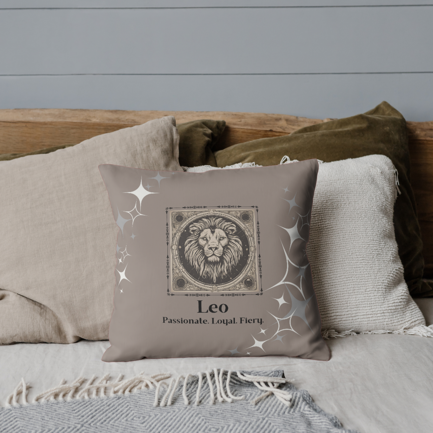 Leo Zodiac throw pillow on bed in Coffee Brown.