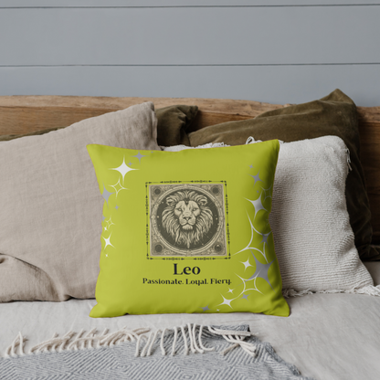 Leo Zodiac throw pillow on bed in Lime.