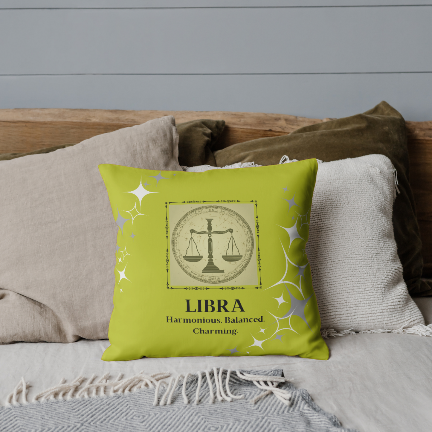 Libra Zodiac Throw Pillow on bed in Lime.