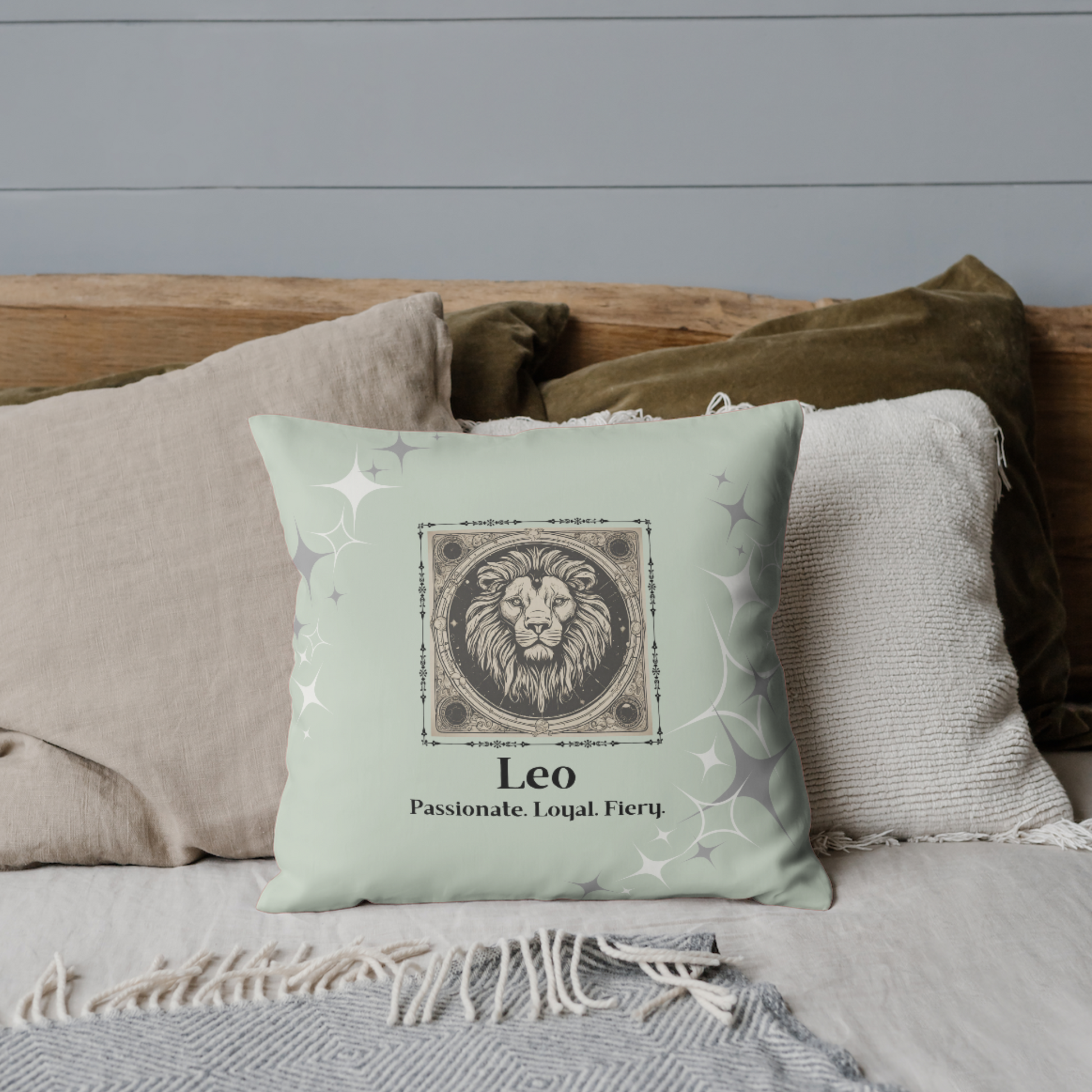 Leo Zodiac throw pillow on bed in Spring Mint.