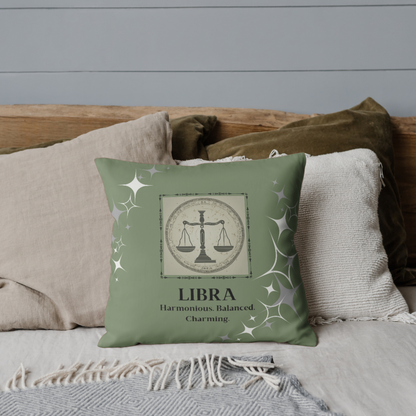 Libra Zodiac Throw Pillow on bed in Olive.