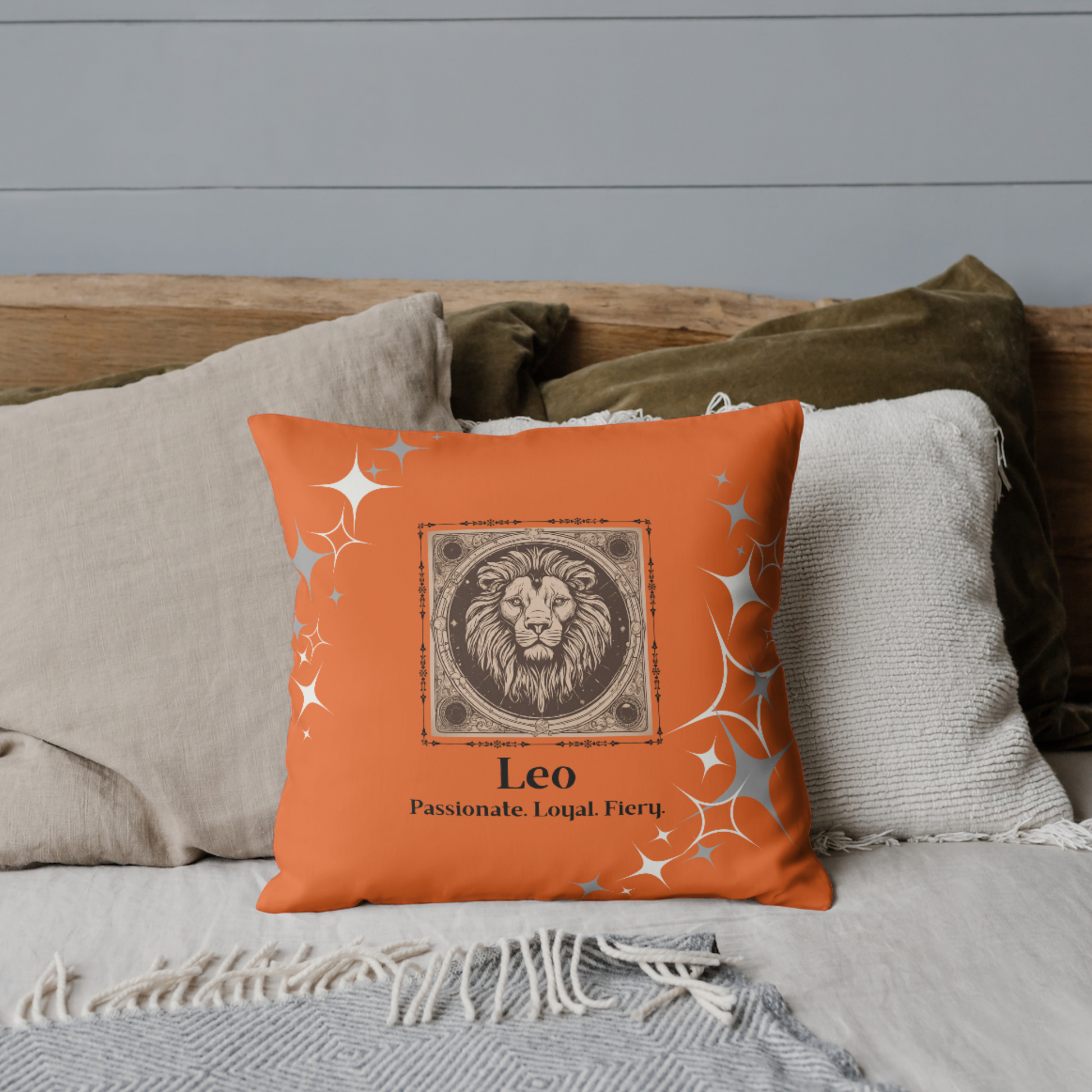 Leo Zodiac throw pillow on bed in Orange Blossom.