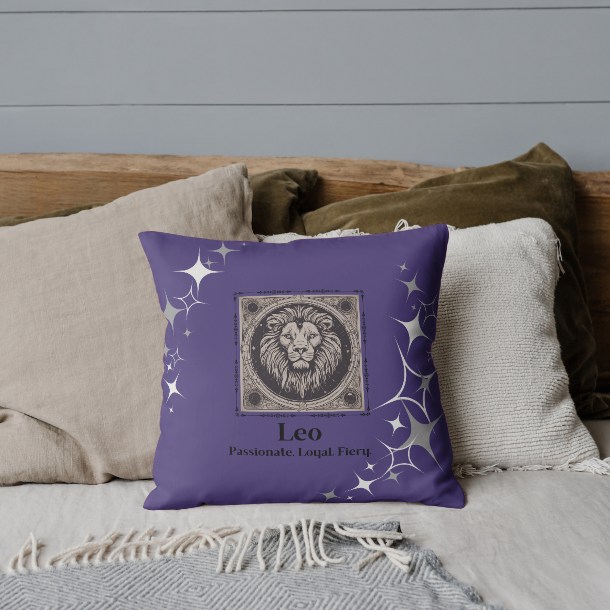 Leo Zodiac throw pillow on bed in Purple Passion.