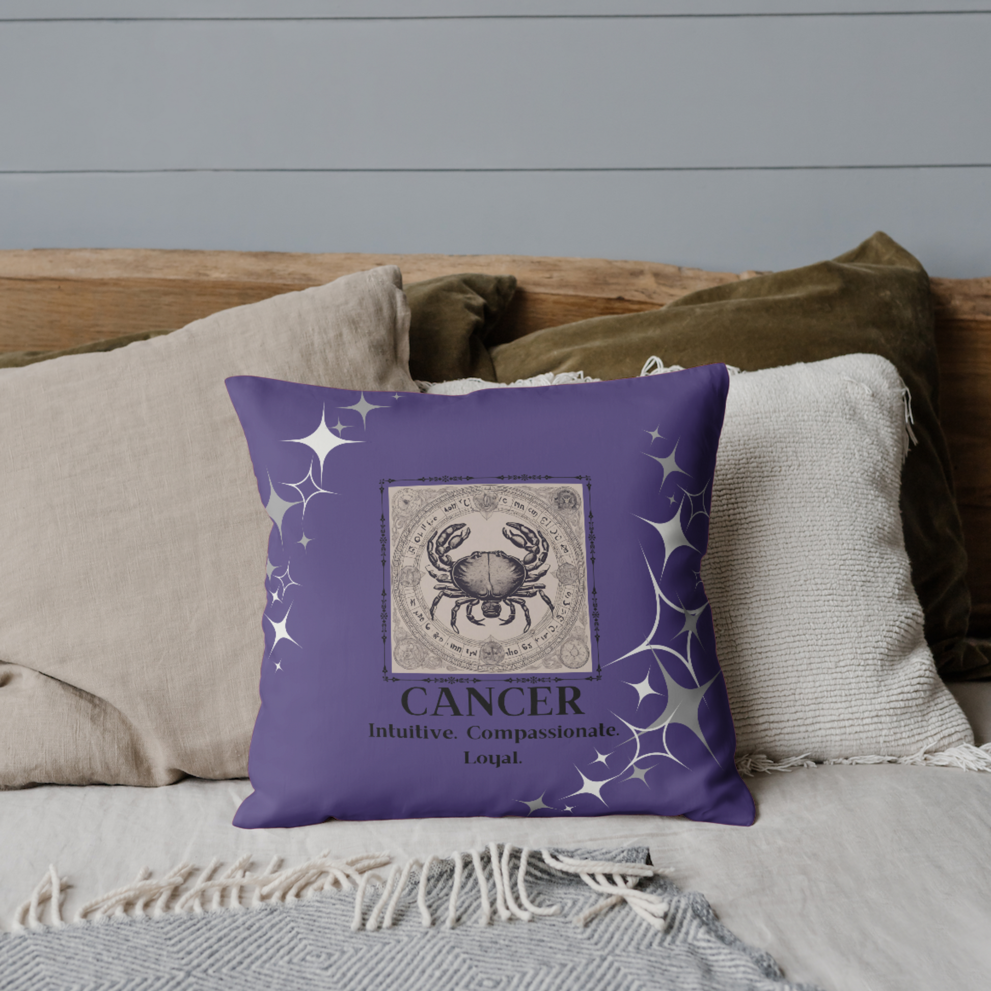 Zodiac throw pillow on bed in Purple Passion,