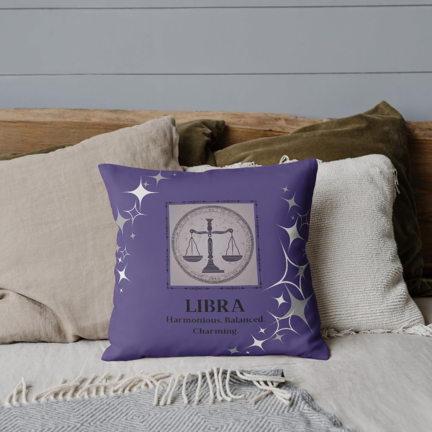 Libra Zodiac Throw Pillow on bed in Purple Passion.