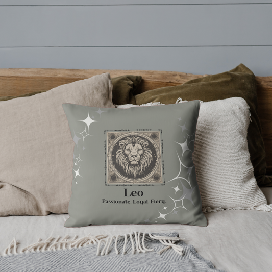 Leo Zodiac throw pillow on bed in Smoke.