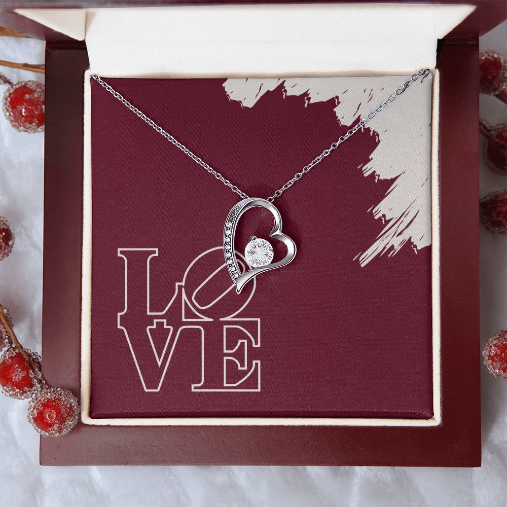 Polished White gold heart pendant necklace featuring LOVE message card in LED mahogany jewelry box