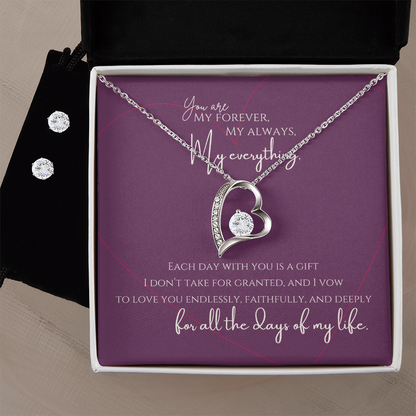 “Forever, Always, and Everything” Heart Necklace and Earring Set - White Gold