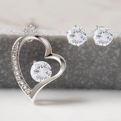 “Forever, Always, and Everything” Heart Necklace and Earring Set - White Gold