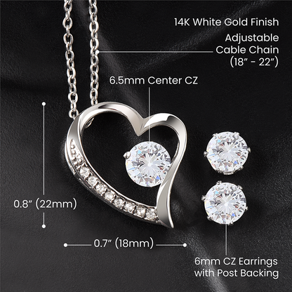 “Forever, Always, and Everything” Heart Necklace and Earring Set - White Gold