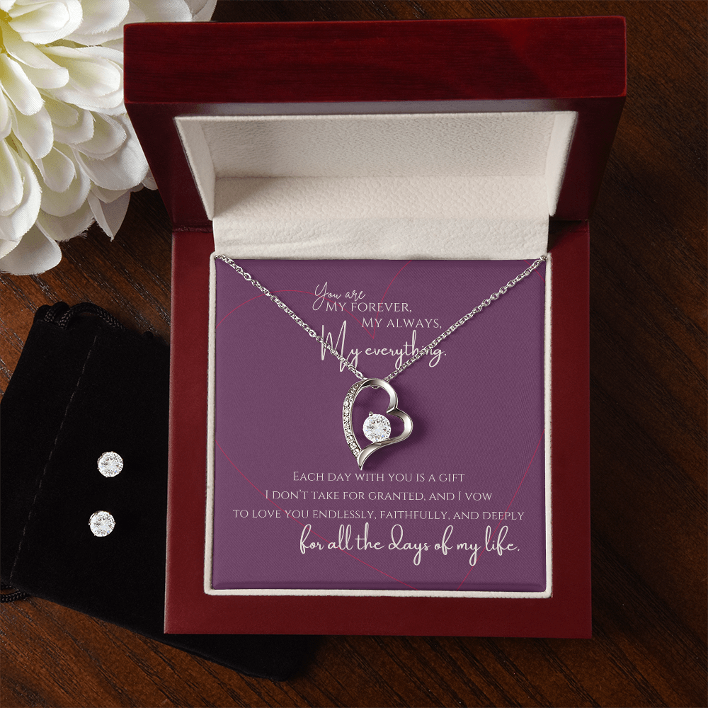 “Forever, Always, and Everything” Heart Necklace and Earring Set - White Gold