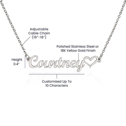 Specifications of personalized name necklace in silver.