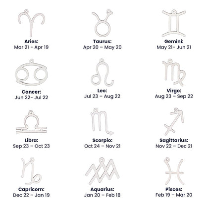 Alternate zodiac charm options displayed in gold along with coordinating astrological dates.