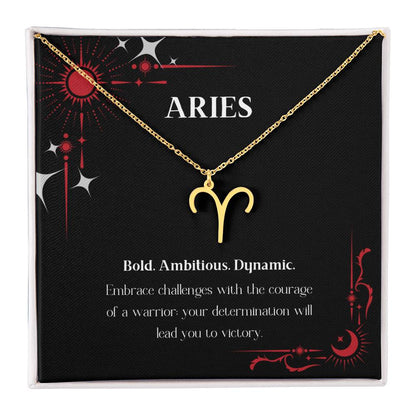 Gold Zodiac charm necklace in elegant black box, showcasing intricate astrological designs.