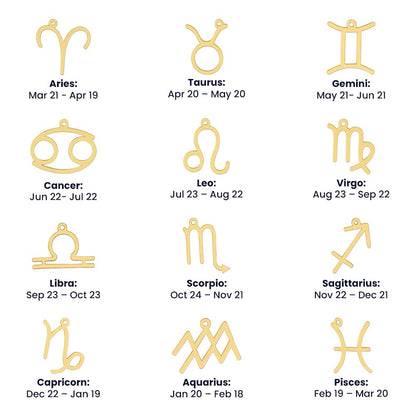 Gold zodiac symbol options with coordinating astrological dates.