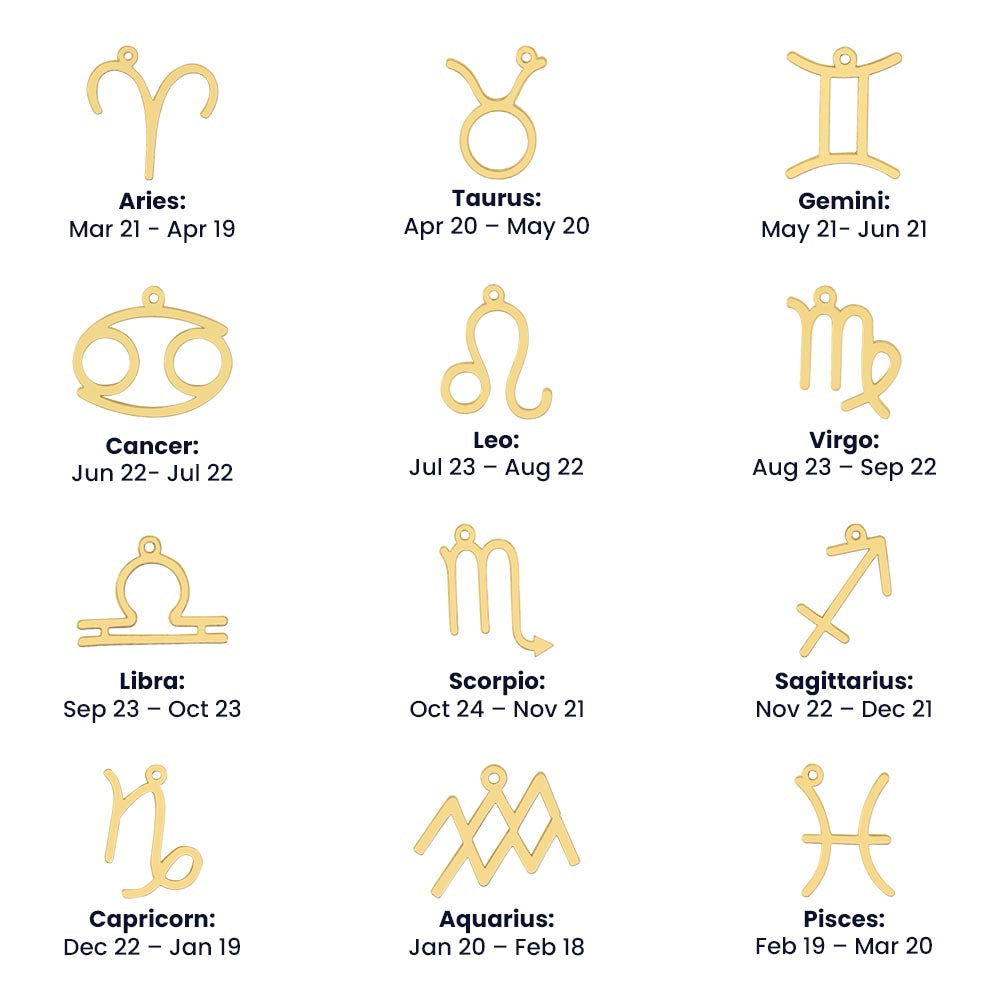 Additional gold zodiac charm options with coordinating astrological dates.