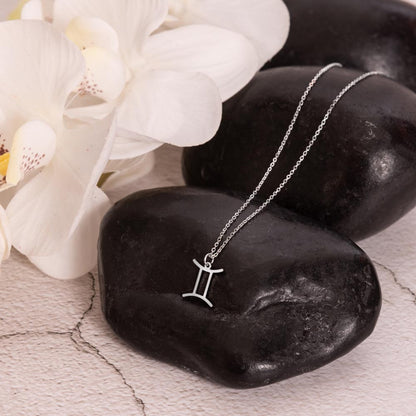 Stainless steel zodiac charm necklace displayed on polished black rock.