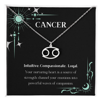 Stainless Steel Zodiac charm necklace in elegant black box, showcasing intricate astrological designs.