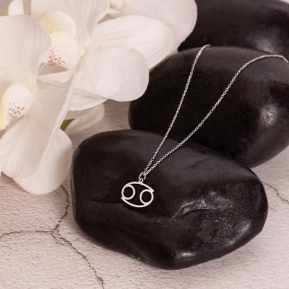 Stainless steel zodiac charm necklace displayed on polished black rock.