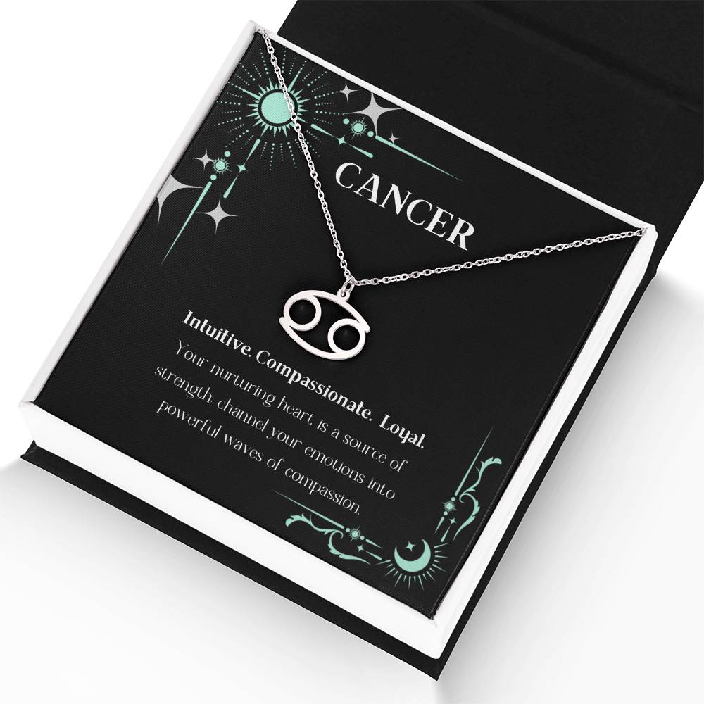 Stainless Steel Zodiac charm necklace in elegant black box, showcasing intricate astrological designs.