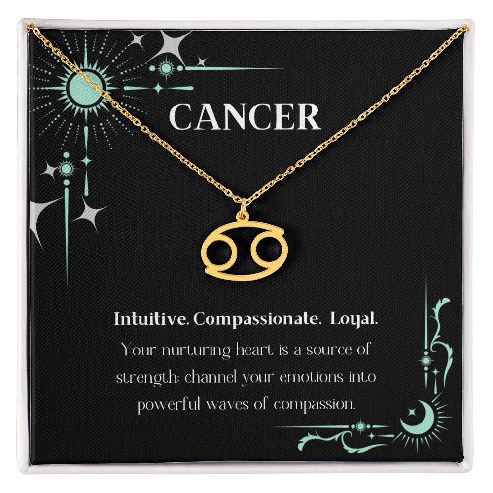 Gold Zodiac charm necklace in elegant black box, showcasing intricate astrological designs.