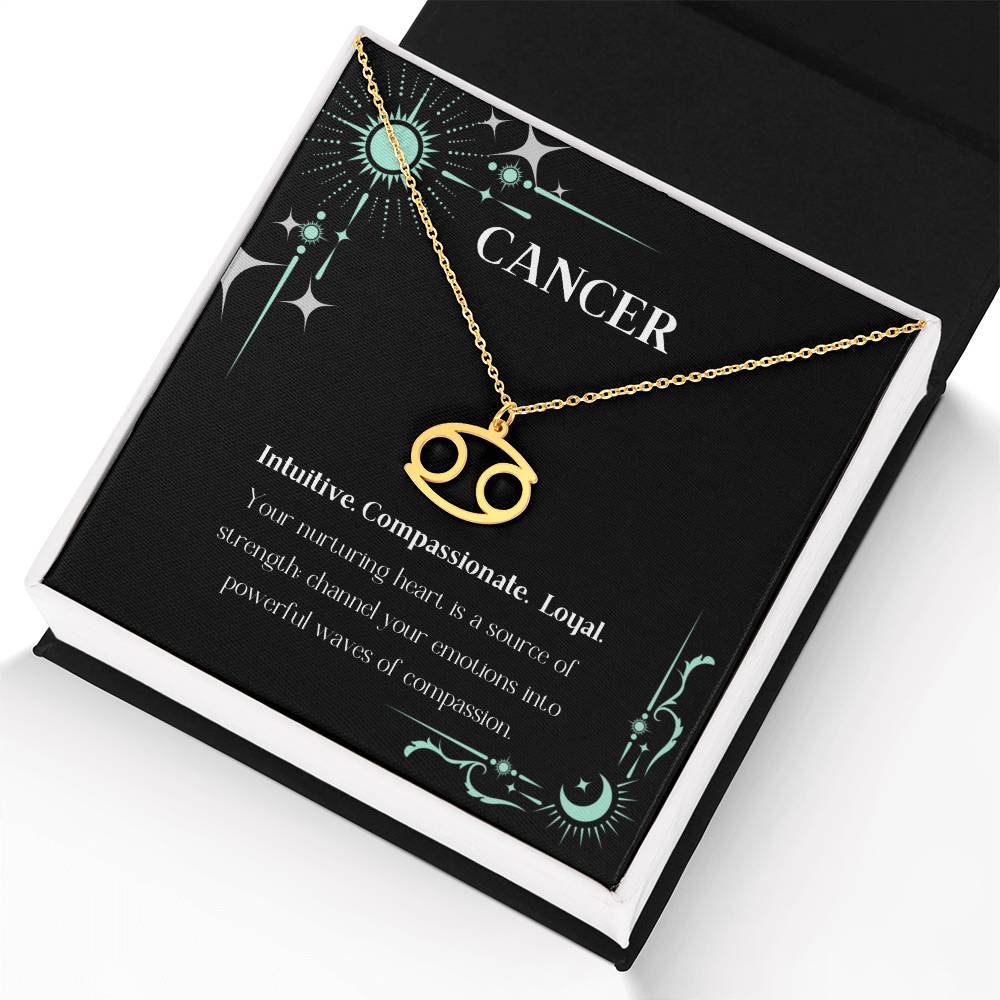 Gold Zodiac charm necklace in elegant black box, showcasing intricate astrological designs.