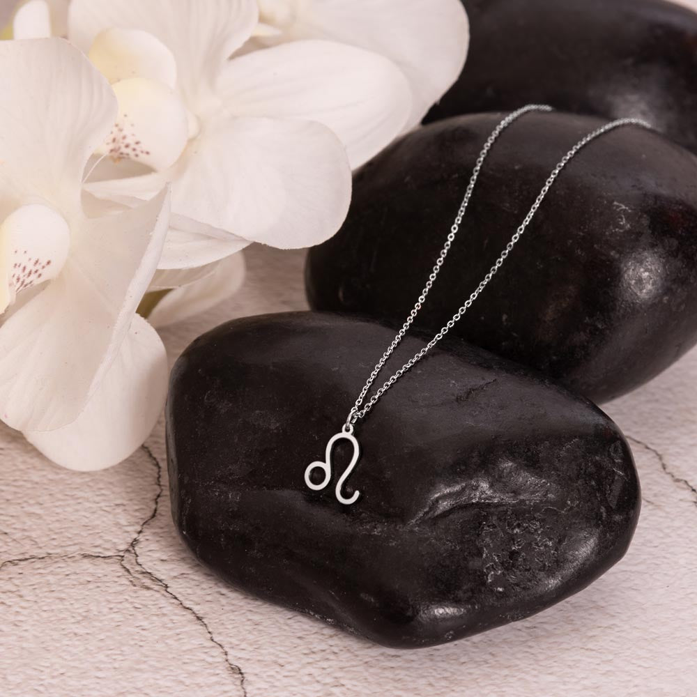 Stainless steel zodiac charm necklace displayed on polished black rock.