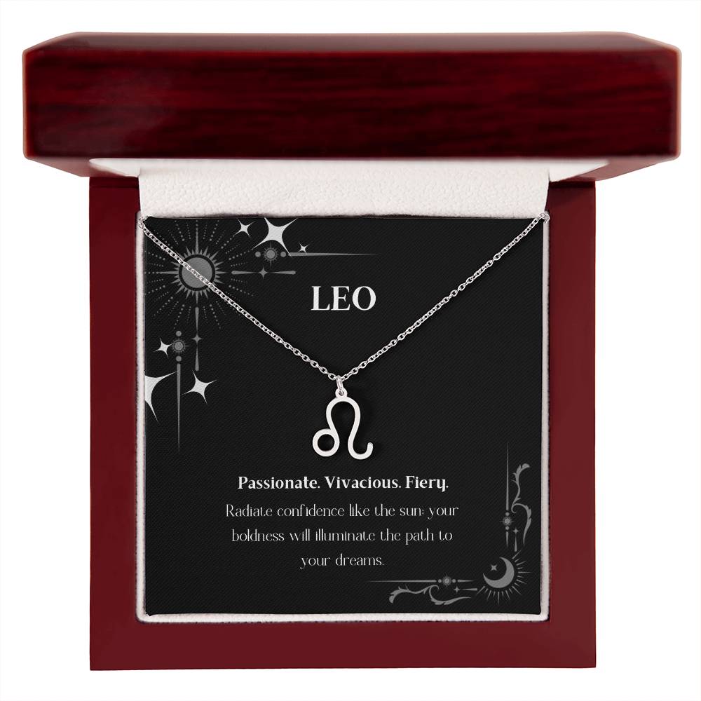 Stainless Steel Zodiac charm necklace in elegant mahogany box, showcasing intricate astrological designs.