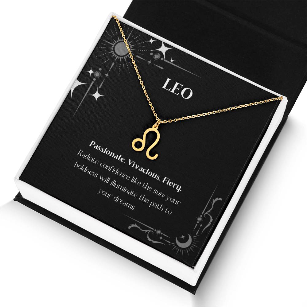 Gold Zodiac charm necklace in elegant black box, showcasing intricate astrological designs.