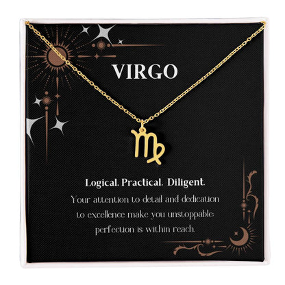 Gold Zodiac charm necklace in elegant black box, showcasing intricate astrological designs.