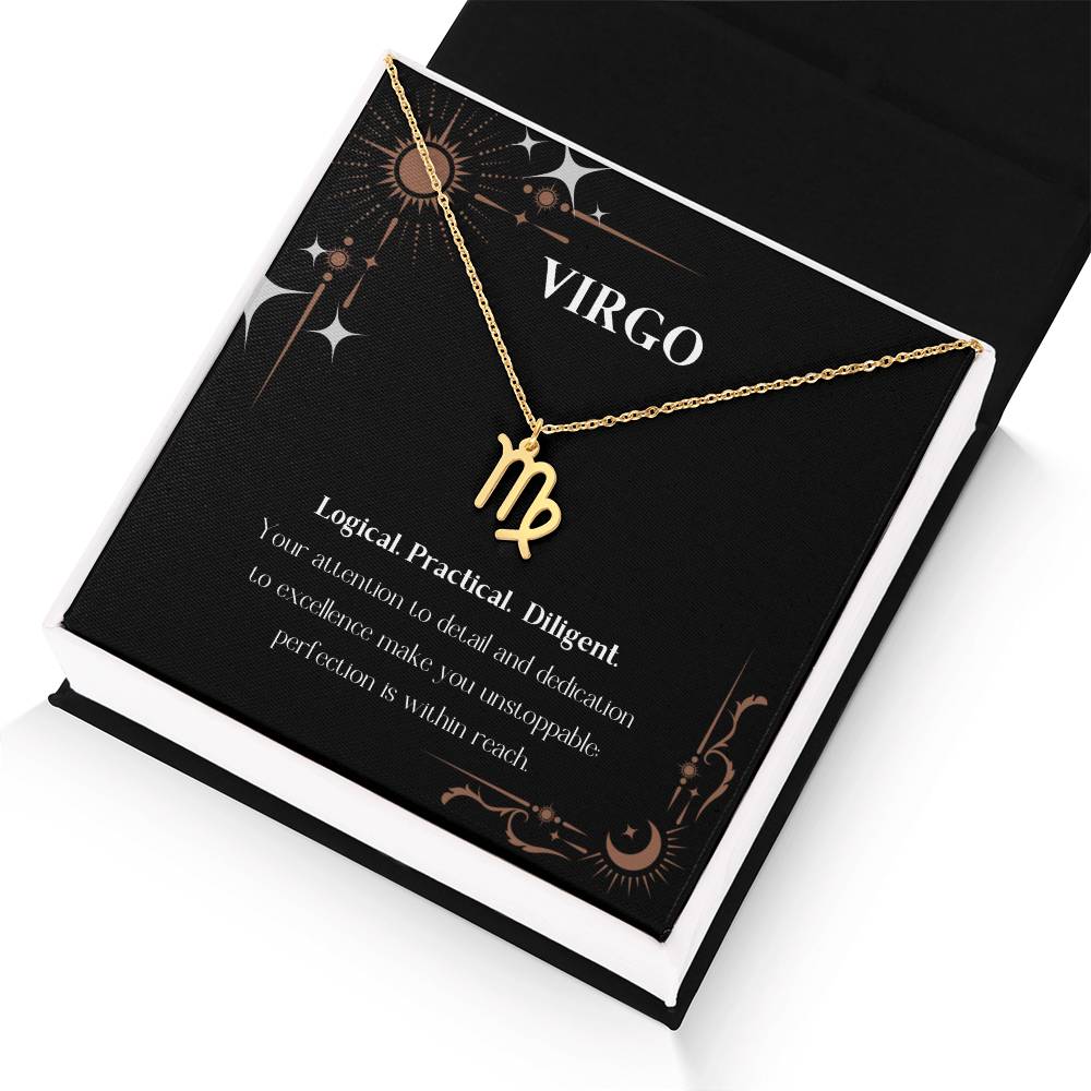 Gold Zodiac charm necklace in elegant black box, showcasing intricate astrological designs.