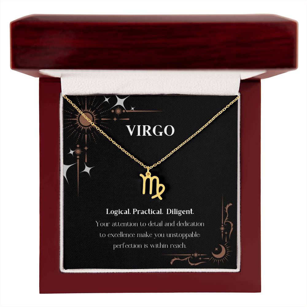 Gold Zodiac charm necklace in elegant mahogany box, showcasing intricate astrological designs.