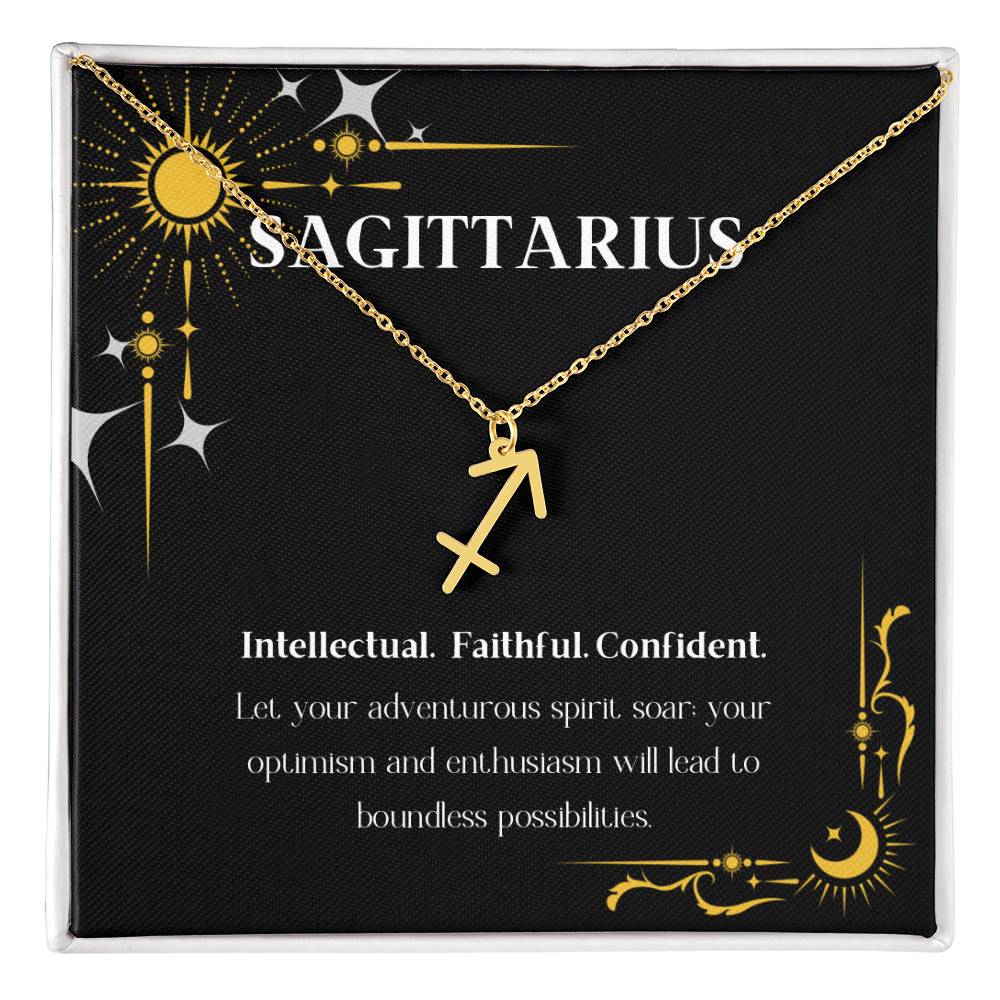 Gold Zodiac charm necklace in elegant black box, showcasing intricate astrological designs.