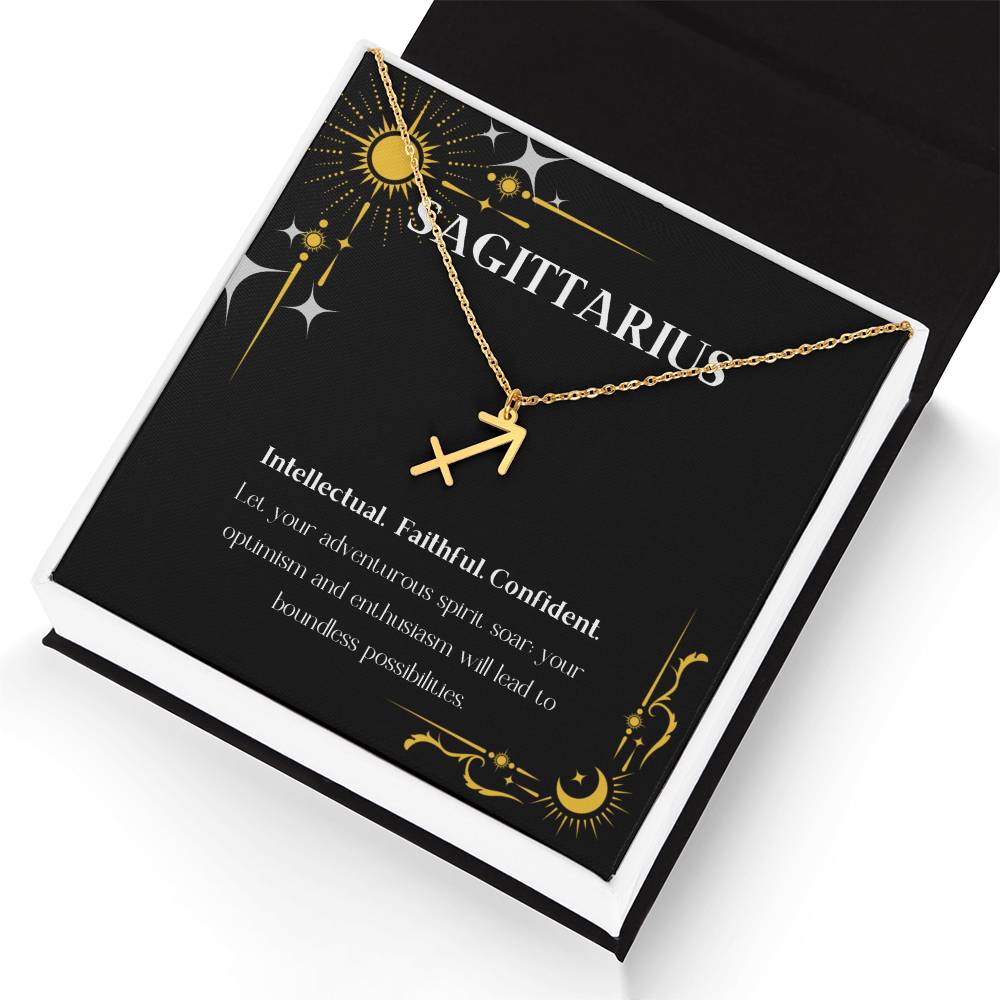 Gold Zodiac charm necklace in elegant black box, showcasing intricate astrological designs.