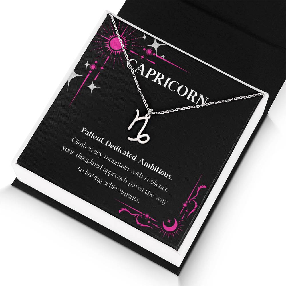 Stainless Steel Zodiac charm necklace in elegant black box, showcasing intricate astrological designs.