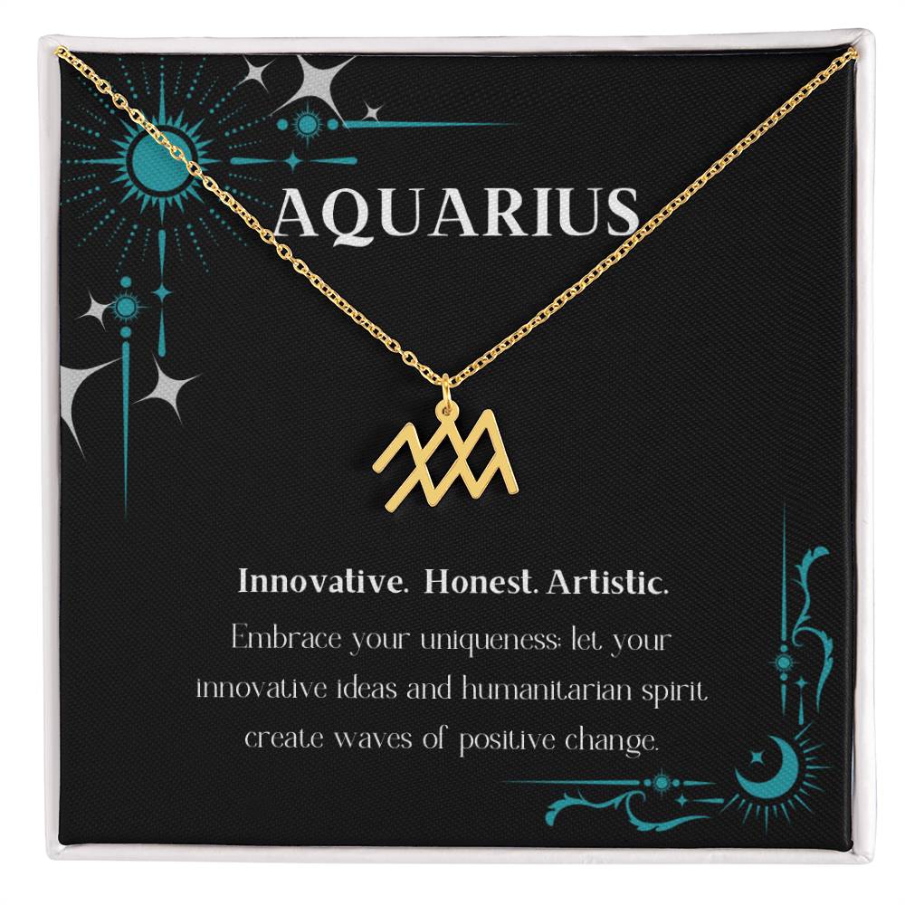 Gold Zodiac charm necklace in elegant black box, showcasing intricate astrological designs.