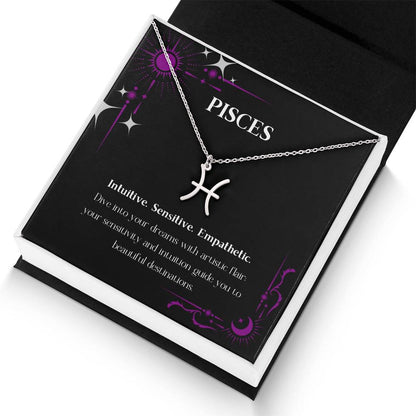 Stainless Steel Zodiac charm necklace in elegant black box, showcasing intricate astrological designs.