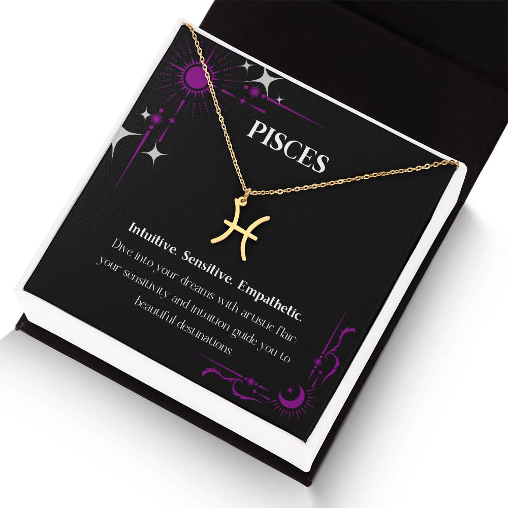 Gold Zodiac charm necklace in elegant black box, showcasing intricate astrological designs.