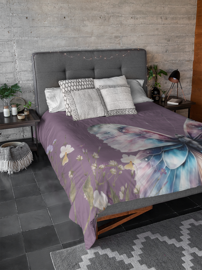 Bedroom with butterfly blanket on bed in the color Heart of Purple