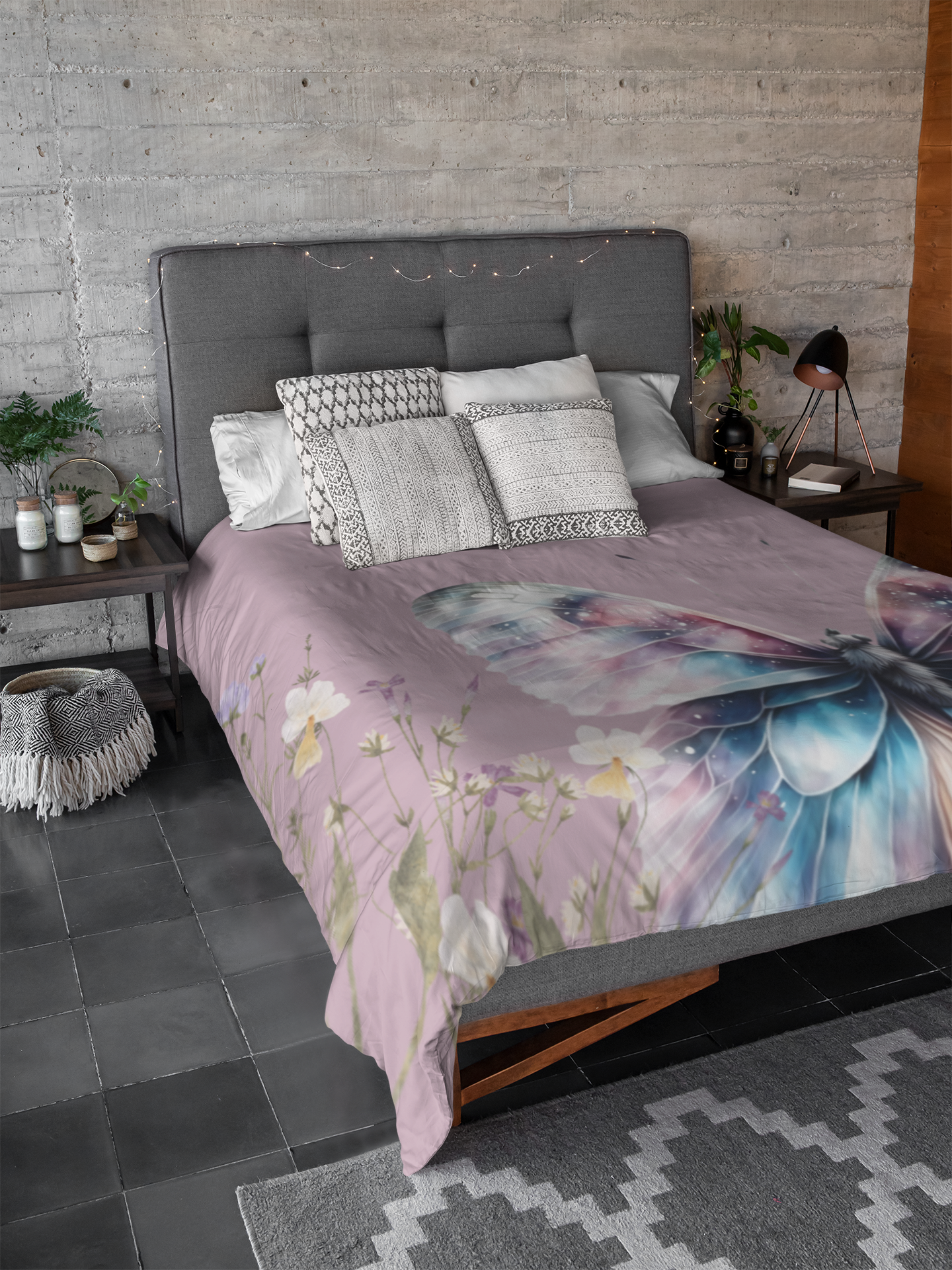 Bedroom with butterfly blanket on bed in the color Pink Plum