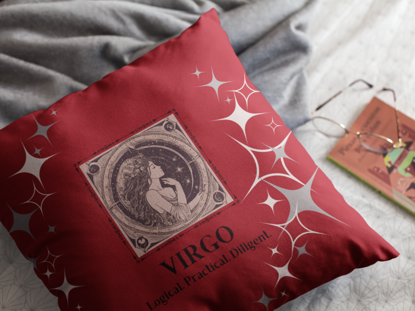 Zodiac throw pillow on bed in Deep Red.