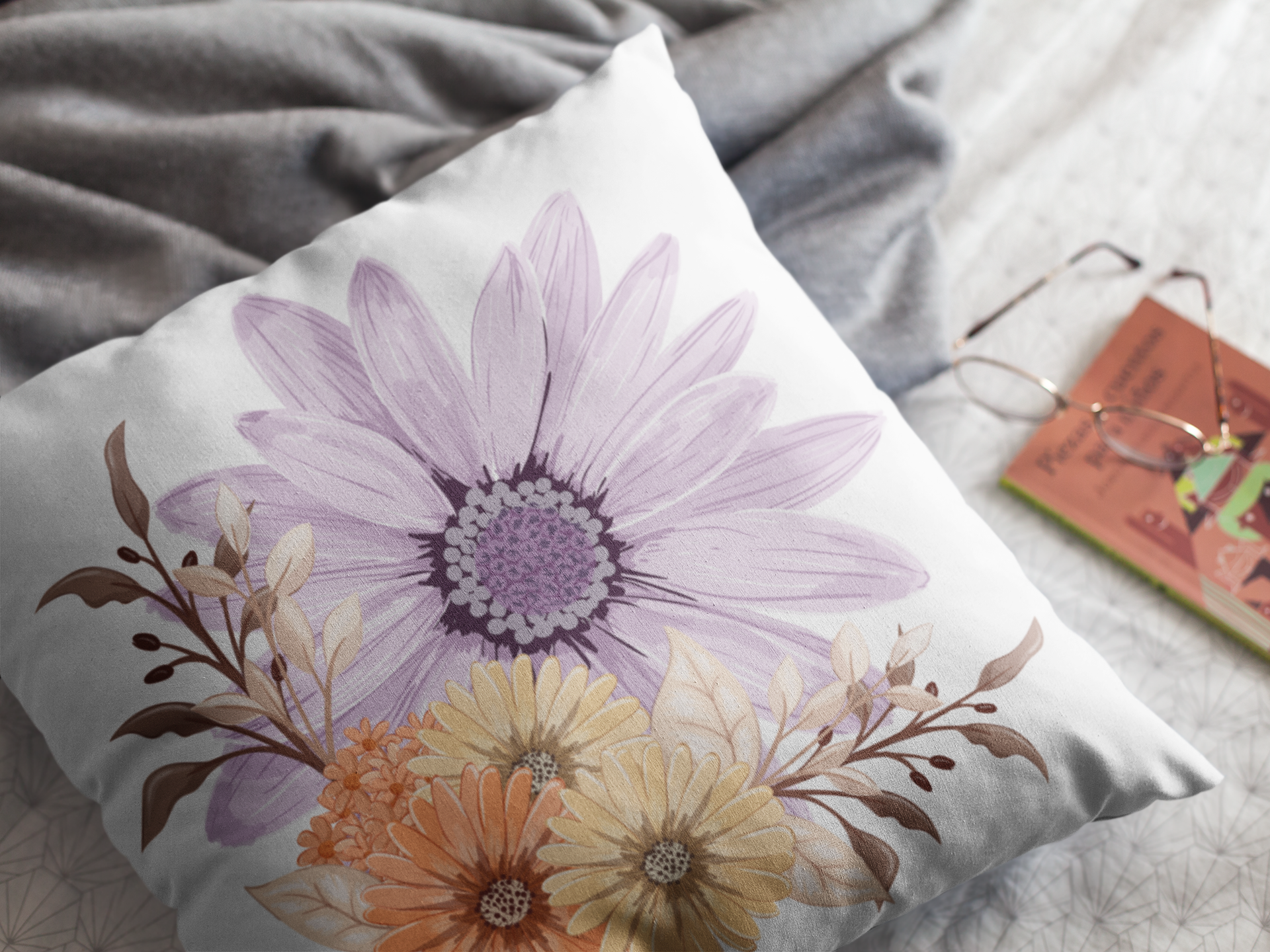 Bellissimi Fiori Throw Pillow featuring purple, cream, and orange daises on a bed.