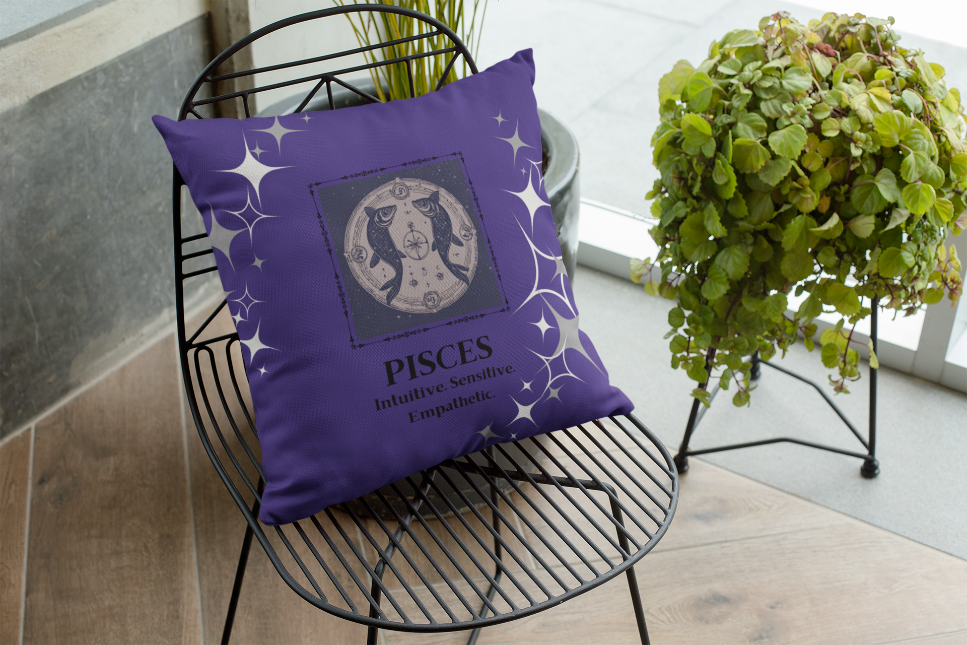 Zodiac throw pillow on patio chair in Purple Passion.